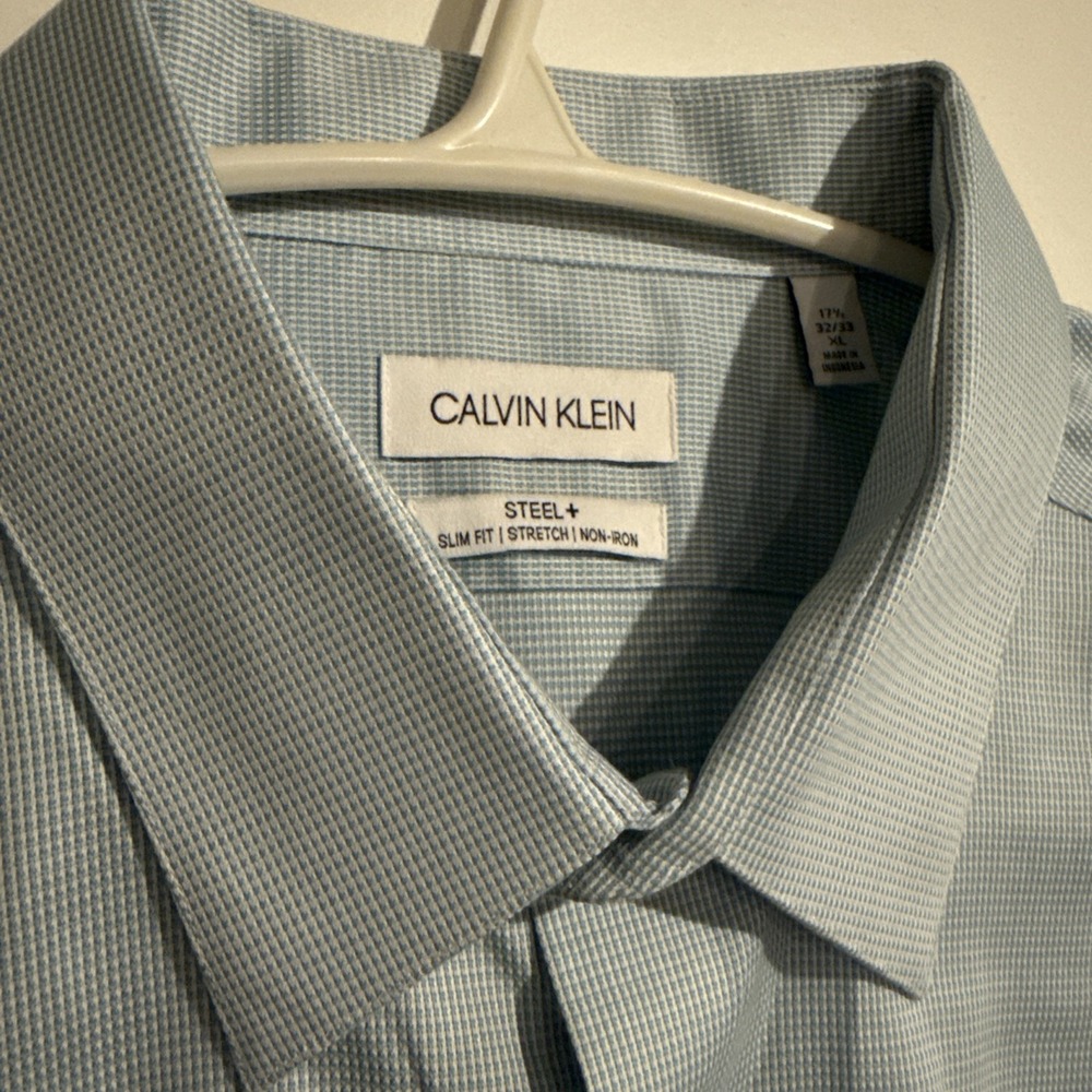 Calvin Klein Steel + Slim Fit Stretch Non-Iron Dress Shirt Men's Size 17.5 Blue